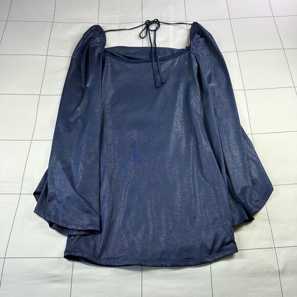 Lucy in the Sky Dress Womens Medium Blue Foil Flare Sleeve Mini Party Drape - Picture 3 of 11